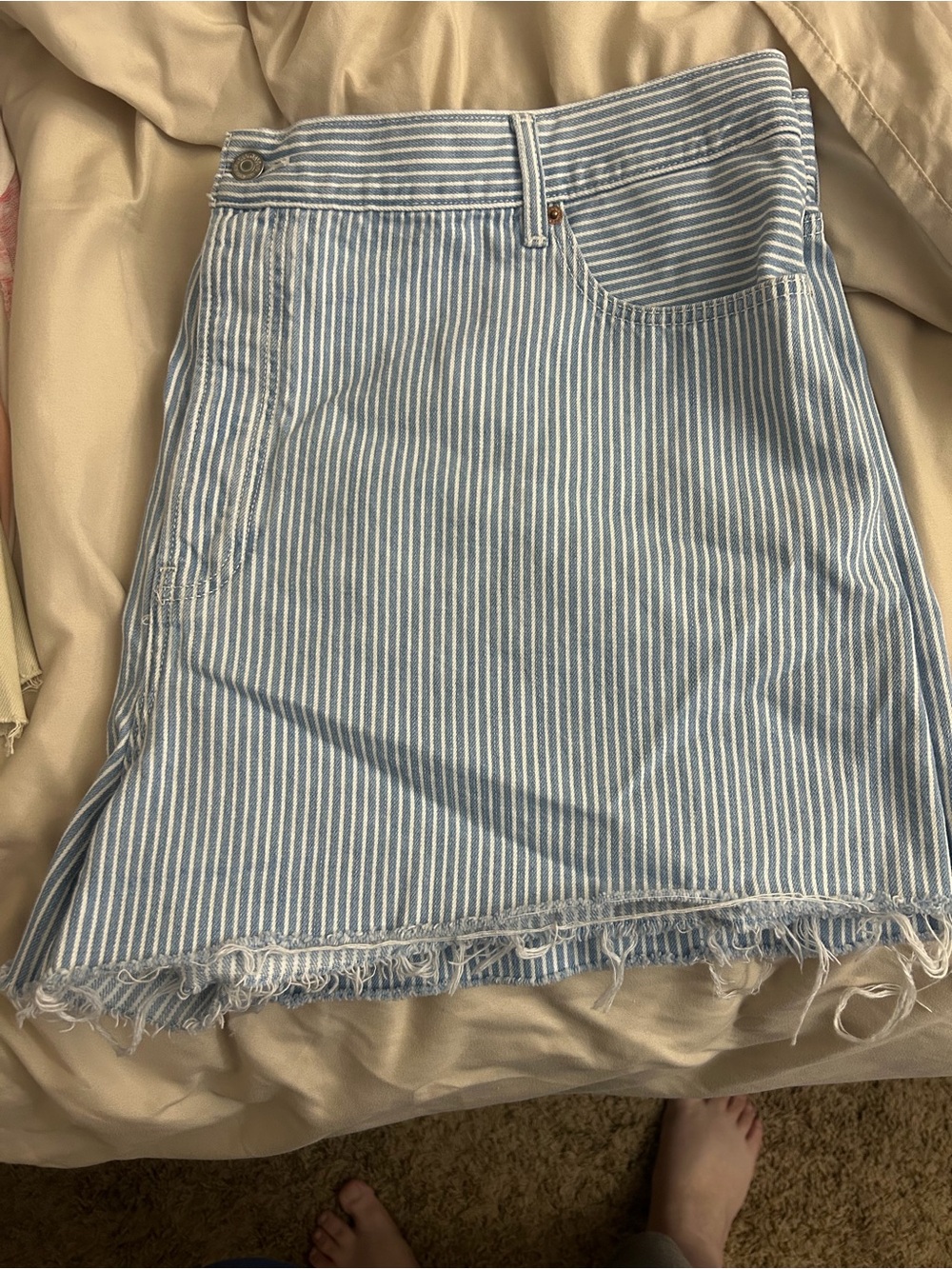Striped Light Blue and White Denim Shorts